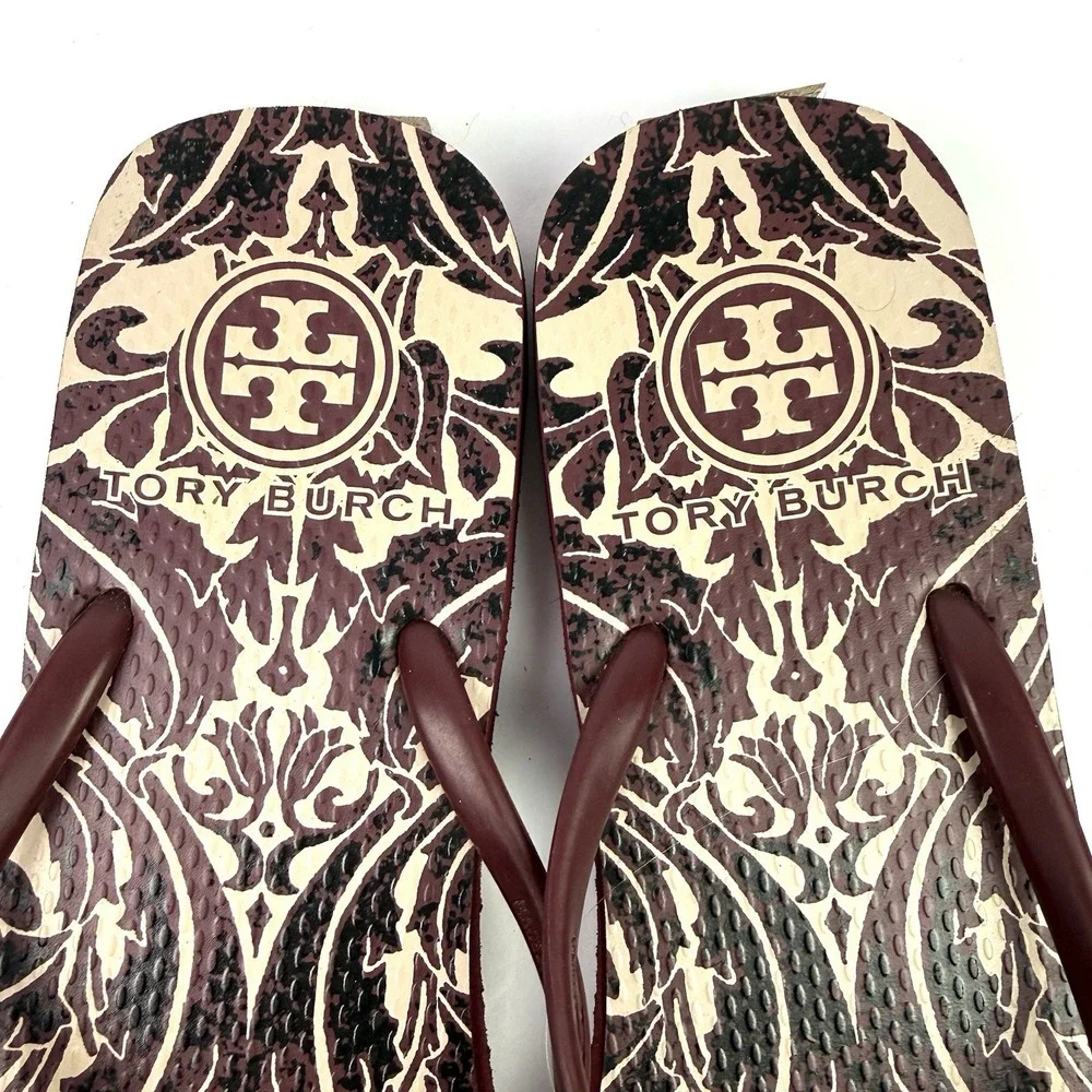 Tory Burch Flip Flops 10 Cabernet Arabesque Slip On Sandals Womens Damask Chic